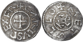 France. Charlemagne (Charles the Great) (768-814) or Charles le Chauve (the Bald) (840-877). Denier, Melle mint. MEC 1, 928; Depeyrot 606. AR. 1.70 g....