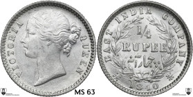 India. Victoria (1837-1901). 1/4 rupee 1840. KM 454. AR. 2.92 g. 20.00 mm. Encapsulated by Classical Coin Grading MS 63.