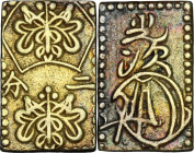 Japan. Edo Period (1603-1868). Ni Bu Ban Kin (2 Bu size gold), 1856-1960. 20 x 12 mm. Hartill (Jap.) 8.31. AV. 3.00 g. Good VF.