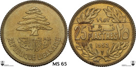 Lebanon. Republic (1943- ). 25 piastres 1952. KM 16.1. AL/BR. 3.97 g. 23.00 mm. Encapsulated by Classical Coin Grading MS 65 Minor defect on edge.
