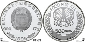 North Korea. People's Republic (1948- ). 500 won 1995 50 Years of FAO. KM 146. AR. 17.00 g. 32.00 mm. Encapsulated by Classical Coin Grading PF 69 CAM...