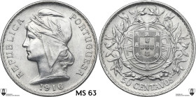 Portugal. First Republic (1910-1926). 50 centavos 1916. KM 561. AR. 12.46 g. 30.00 mm. Encapsulated by Classical Coin Grading MS 63.