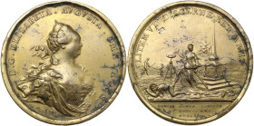 Russia. Elizabeth I (1741-1761). Medal 1754 for the Cessation of the Land Border Disputes. Diakov 99.2. Gilded AE. 103.10 g. 63.50 mm. Bumps. VF.