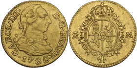 Spain. Carlos III of Spain (1759-1788). 2 escudos 1788 M, Madrid mint. KM 415.1; Fried. 286; Cal. 781. AU. 1.70 g. 14.00 mm. Minor scuff on obverse. B...