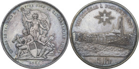 Switzerland. Federal Shooting. 5 francs 1881, Fribourg. HMZ 2-1343m. AR. 25.00 g. 37.00 mm. Cabinet tone. Two tiny scratches on obverse. XF/AU.