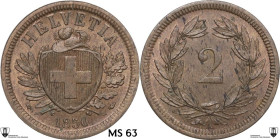 Switzerland. Confederation (1848- ). 2 rappen 1950 A, Paris mint. KM 4. CU. 2.51 g. 20.00 mm. Encapsulated by Classical Coin Grading MS 63 RED COPPER.