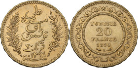 Tunisie. French Protectorate, Ali Bey (AH 1299-1320H / 1882-1902). 20 Francs AH 1316, 1898 A, Paris mint. KM 234; Fried. 12; Lec. 452. AV. 6.45 g. 21....