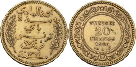 Tunisia. French Protectorate, Mohamed El Hadi Bey (1320-1324 AH / 1902-1906). 20 francs AH 1321, 1903 A, Paris mint. KM 234; Fried. 12; Lec. 458. AV. ...