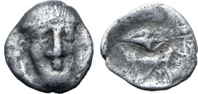 Italy, Southern Campania, Phistelia, c. 325-275 BC. AR Obol (11mm, 0.53g, 2h). Male head facing slightly r. R/ Dolphin, barley grain, and mussel shell...