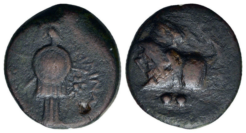 Italy, Southern Apulia, Caelia, c. 220-150 BC. Æ Sextans (19,6mm, 5.6g). Helmete...