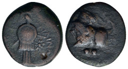 Italy, Southern Apulia, Caelia, c. 220-150 BC. Æ Sextans (19,6mm, 5.6g). Helmeted head of Athena r.; two pellets (denomination mark) above. R/ Trophy ...