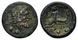 Italy, Southern Apulia. Brundisium, 2nd century BC. Æ Sextans (14mm, 2.7g). Wreathed head of Neptune r.; behind, Nike standing r. on trident, crowning...