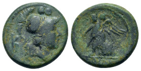 Italy, Southern Apulia, Caelia, c. 220-150 BC. Æ Sextans (17,7mm, 5.8g). Helmeted head of Athena r.; two pellets above, K to l. R/ Nike advancing l., ...