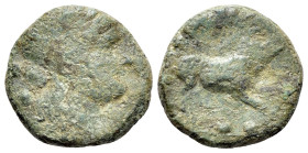 Italy, Northern Lucania, Paestum, c. 218-201 BC. Æ Sextans (15mm, 3.62g, 12h). Female head r.; two pellets behind. R/ Boar running r. Cf. HNItaly 1211...