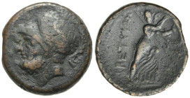 Italy, Bruttium, The Brettii, c. 211-208 BC. Æ Double Unit (25mm, 14.06g, 12h). Helmeted head of Ares l. R/ Athena advancing r., holding shield and sp...
