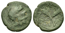 Sicily, Leontinoi, c. 2nd-1st century BC. Æ (17mm, 2.95g). Jugate heads of Apollo and Artemis r.; plow to l. R/ Two grain-ears, bound together. CNS II...
