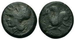 Sicily, Syracuse, 400-390 BC. Æ Hemilitron (18,8mm, 7.1g). Head of Athena l., wearing Corinthian helmet decorated with snake. R/ Hippocamp l. CNS II, ...