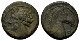 North Africa, Carthage, c. 300-264 BC. Æ Shekel(?) (19,3mm, 4g). Carthage or Sardinia mint. Wreathed head of Tanit l. R/ Head of horse r.; Punic 'ayin...
