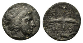 Macedon, Amphipolis, c. 410-357 BC. Æ Dichalkon (11mm, 1,00g.). Head of Apollo to right, wearing taenia. Rev. A-M-Φ-I Lighted race torch, within linea...