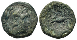 Macedon, Amphipolis, c. 168-148 BC. Æ (19mm 6,70g). Head of Herakles r., wearing lion skin. R/ AMΦIΠO / ΛITΩN. Centaur rearing right; below, grain ear...