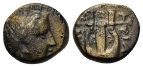 Macedon, Bottiaiai, c. 385-350 BC. Æ (14mm 4,30g). Laureate head of Apollo r. R/ BOTTIAIΩN, kithara.SNG Copenhagen 140-4; SNG ANS 926; HGC 3.1, 355. F...