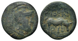 Macedon under the Romans. District Bottiaia. Time of Aemilius Paulius. Gaius Publilius, quaestor circa 168-167 BC. Æ (19mm 5,60g). Helmeted head of At...