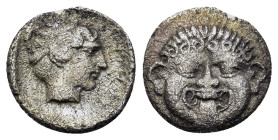 Macedon, Neapolis, c. 424-350 BC. AR Hemidrachm (13mm 1,66g.). Facing gorgoneion with protruding tongue. R/ Ν-Ε / Ο-Π Head of the nymph of Neapolis to...