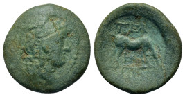 Macedon, Pella, c. 187-168/7 BC. Æ (20mm 4,00g.). Helmeted head of Athena r. R/ Cow grazing r.; NK monogram below. Cf. SNG ANS 598-617. VF.