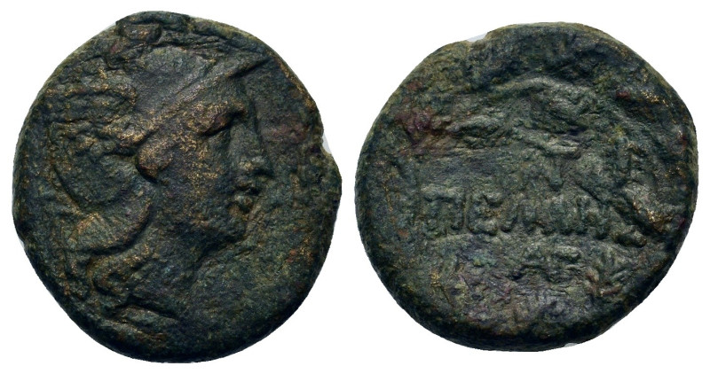 Macedon, Pella, c. 168-166 BC. Æ (19,2mm 8,30g). Helmeted head of Roma right. R/...