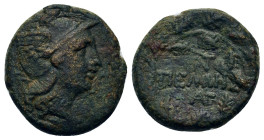 Macedon, Pella, c. 168-166 BC. Æ (19,2mm 8,30g). Helmeted head of Roma right. R/ Ethnic; monogram above and below; all within wreath. Touratsoglou, Ma...