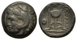 Macedon, Philippi, c. 356-345 BC. Æ (16mm, 6.2g). Head of Herakles left, wearing lion skin. R/ Tripod; Θ to left. Bellinger, Philippi, Group Ic, 5; HG...