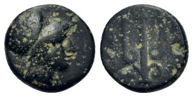 Macedon, Potidaia, c. 400-356 BC. Æ (12,2mm, 2g). Helmeted head of Athena r. R/ Trident; ΠΟΤ-ΕΙΔ across fields. SNG ANS 699; HGC 3.1, 653. Fine and ex...