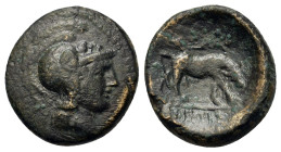 Macedon, Thessalonica, c. 187-168/7 BC. Æ (18,5mm 5,70g.). Head of Athena Parthenos to right, wearing crested Attic helmet. R/ Bull grazing to right. ...
