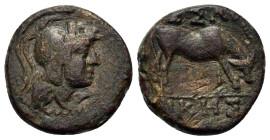 Macedon, Thessalonica, c. 187-168/7 BC. Æ (18,5mm 5,70g). Head of Athena Parthenos to right, wearing crested Attic helmet. R/ ΘΕΣΣΑΛΟ - ΝΙΚHΣ Bull gra...