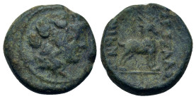 Macedon, Thessalonica, c. 187-131 BC. Æ (19,5mm, 6,50g.). Head of Dionysos right, wearing ivy wreath. R/ ΘΕΣΣΑΛΟΝΙΚHΣ, goat standing right. Touratsogl...