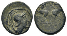Macedon, Thessalonica, c. 187-31 BC. Æ (15,6mm 4,20g) Helmeted head of Athena. R/ ΘEΣΣAΛONIKHΣ, two centaurs each rearing outwards from centre, each h...