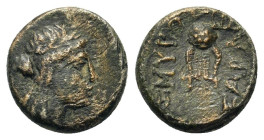 Ionia, Smyrna, c. 170-145 BC. Æ (10,7mm 1,30g). Sarapios, magistrate. Laureate head of Apoll right. R/ ΣΜΥΡ ΣAPAΠIΩ. Lyre. Milne 1927, 149; BMC 244; S...