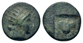 Islands off Caria, Rhodes, c. 188-84 BC. Æ (13,4mm; 1.80g). Radiate head of Helios right / P O Rose, bud to left, within incuse square. SNG Copenhagen...