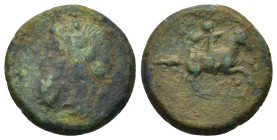 Pisidia, Isinda, Late 1st century BC-early 1st century AD. Æ (17mm 4,00g). Diademed head of Zeus left right. R/ ICIN. Horseman advancing right, hurlin...