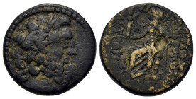 Seleucis and Pieria, Antioch. Pseudo-autonomous issue. Æ Tetrachalkon (20,3mm, 8g). Circa 1st century BC. Laureate head of Zeus r. R/ Zeus seated l., ...