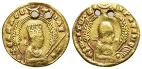Kings of Axum, Ebana, c. 430-460 AV 1/3 solidus or Unit ( 16.00 mm., 2.33 g.) circa 430-460. Crowned and draped bust r., holding sceptre, between two ...