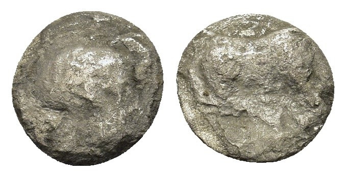 Uncertain Greek. AR Obol (8,5mm, 0.55g). Helmeted head of Athena r. R/ Bull.
