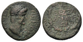 Nero (54-68 ). Macedon, Thessalonica. Æ (21,5mm 6,00g). ΝΕΡΩΝ ΣΕΒΑΣΤΟΣ laureate head right. R/ ΘΕΣΣΑΛΟΝΙΚΕΩΝ in wreath, eagl above. RPC I 1600 (12 spe...