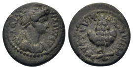 Domitia (Augusta, 82-96). Lydia, Philadelphia. 1/3 Assarion (15,8mm 2,70g.). Struck under the magistrate Lagetas. ΔΟΜΙΤΙΑ ΑΥΓΟΥC[ΤΑ] Draped bust of Do...
