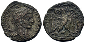 Elagabalus (218-222). BI Tetradrachm (24,8mm, 10.5g). Laureate head r., with drapery over far shoulder. R/ Eagle facing, head left, holding wreath in ...