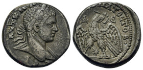 Elagabalus (218-222). BI Tetradrachm (24mm, 13.9g). Laureate head of Elagabalus to right, with slight drapery on his left shoulder. R/ Δ - Є Eagle wit...