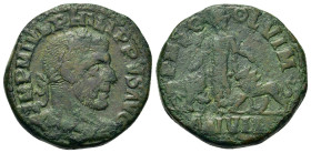 Philip I (244-249). Moesia Superior, Viminacium. Æ (29,3mm, 20.3g). Laureate, draped and cuirassed bust r. R/ Moesia standing facing, head l., between...