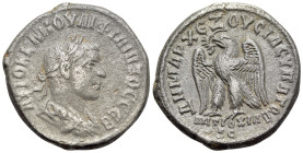 Philip II (247-249). Seleucis and Pieria, Antioch. AR Tetradrachm (26mm, 12.85g, 6h). AD 248-9. Laureate, draped and cuirassed bust r. R/ Eagle standi...