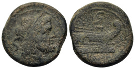 Anonymous. Æ Semis (27mm 16,80g). Mint in central Italy, 211-208 BC. Laureate head of Saturn to right; S (mark of value) behind. R/ Prow to left; S (m...