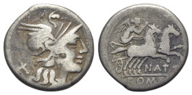 Pinarius Natta, Rome, 149 BC. AR Denarius (18mm, 3.47g, 6h). Head of Roma r. R/ Victory driving galloping biga r., holding whip and reins; NAT(TA) bel...